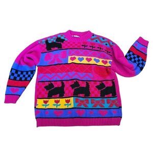 Vintage Rose Scottie Dog Pink Purple Ugly Christmas Sweater Knit Pullover SZ M